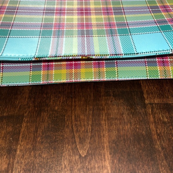 NWOT Gorgeous Baekaard Real Leather Teal/Pink/Yellow Plaid Square Purse - Picture 7 of 8